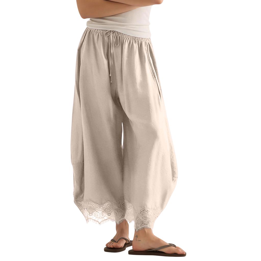 Women's Casual Wide Leg Pants Elastic Waistband Drawstring Bottom Hem Lace Trim Palazzo Trousers for Everyday Wear