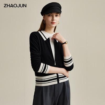 Zhaojun Women's Autumn/Winter Color-Block Stripe Wool Knit Cardigan