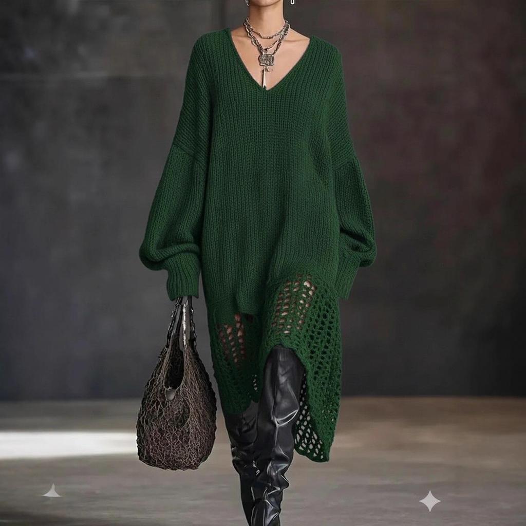 Europäisches & Amerikanisches V-Ausschnitt Strickkleid mit unregelmäßigem Saum und Hohlmuster