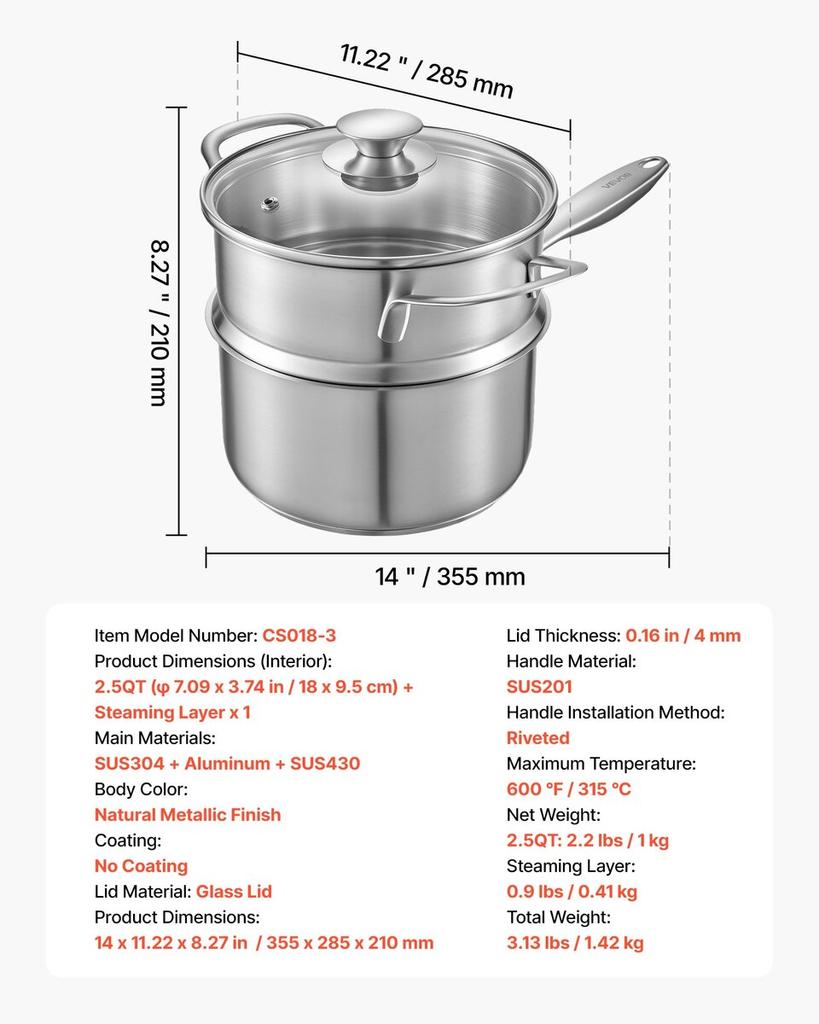 2.5 QT Saucepan with Steamer, Stainless Steel Saucepan with Glass Lid, Multipurpose Nonstick Stainless Steel Sauce Pot with Ergonomic Handle, Friendly