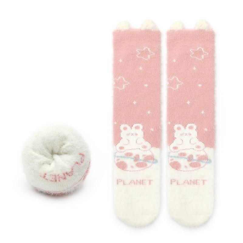 Autumn Winter Sweet Stockings Bowknot Imitation Mink Socks Winter Plush Warm Home Sleeping Socks Cartoon Cute Furry Tube Socks