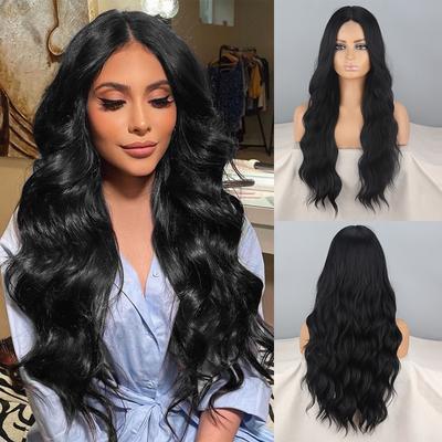 Lange gewellte natürliche schwarze Lace-Front-Perücke für Frauen ohne Pony, synthetische Faser, Wasserwelle, tägliches Tragen, Cosplay-Perücke