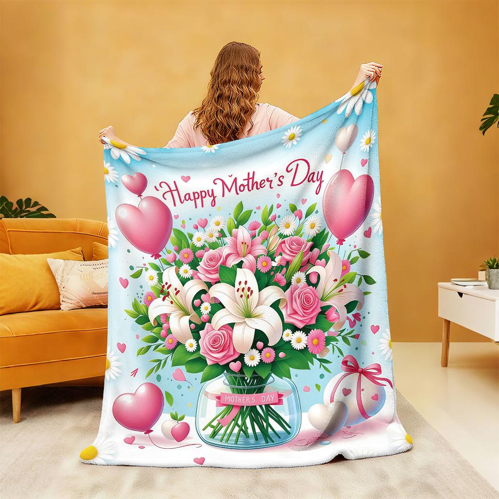 Mother's Day Flannel Blanket 230GSM I Love You Mom Floral Print Soft Cozy Throw Blanket Gift for Mom Grandma