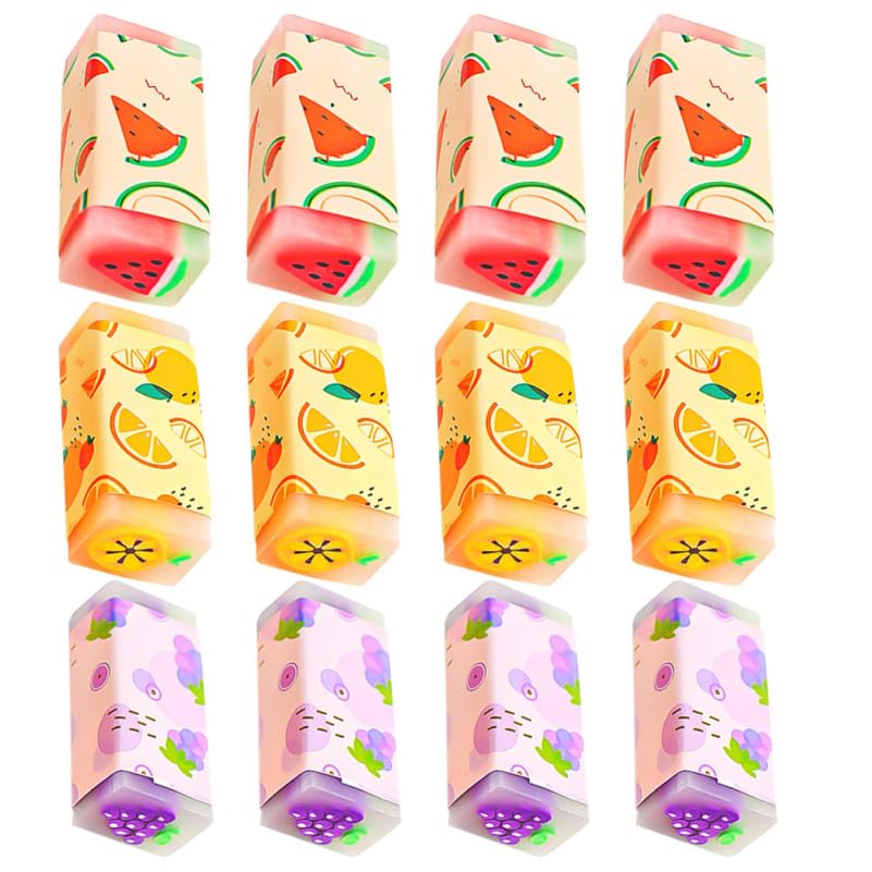 Lurrose Pencil Elementary School School and Office Supplies 12-Piece Fruit-Shaped Erasers, High-Performance, Fun, Stationery, (Random Styles)