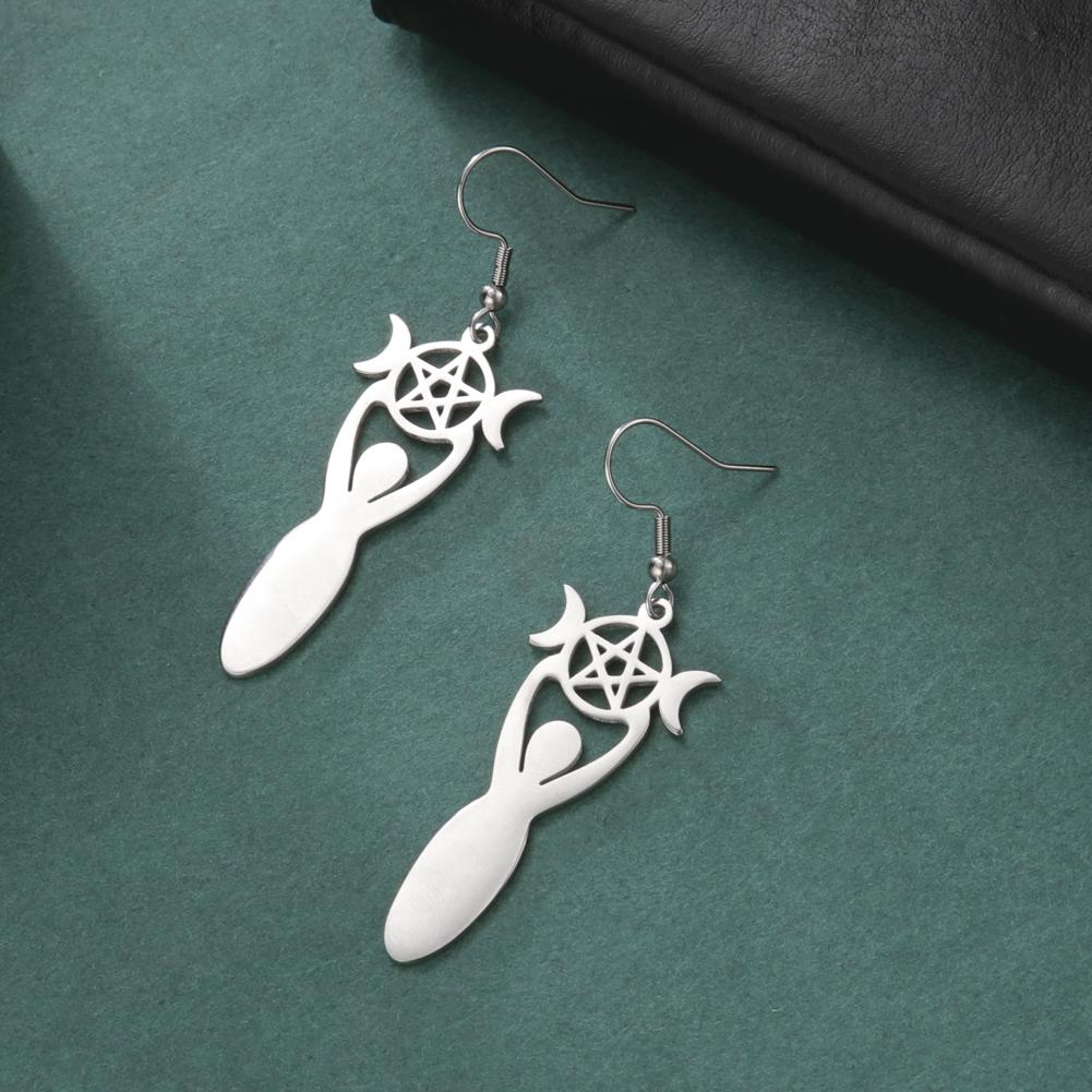 Dawapara Crescent Goddess Black Birthstone Stainless Steel Earrings Triple Moon Wicca Pentagram Gothic Drop Earrings