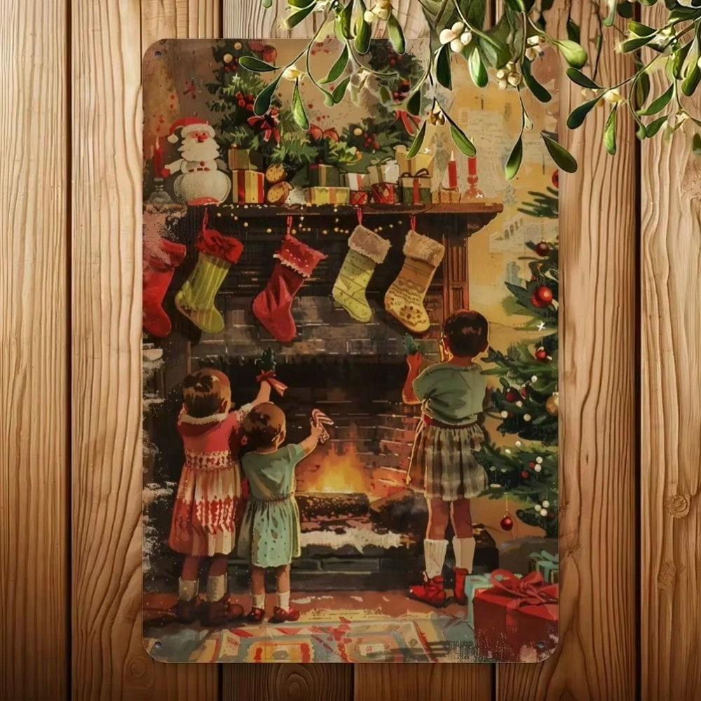 Vintage Christmas Metal Tin Sign Retro Holiday Wall Art Decor