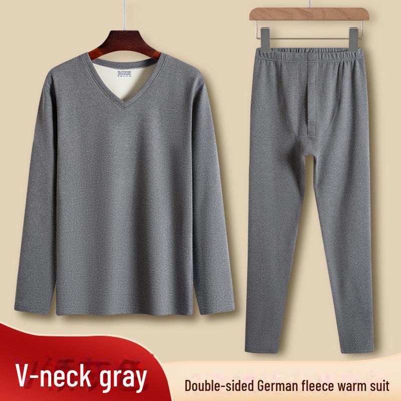 

Мужской двухцветный термокостюм из немецкого бархата Qiweilang, с V-образным и круглым вырезом без таблеток, осеннее нижнее белье и брюки L [45-52 kg]