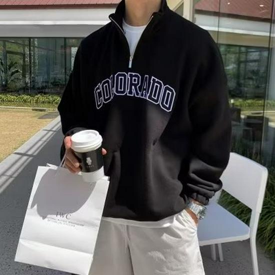 

Модная американская молодежная мужская ретро-толстовка с застежкой-молнией на половину длины: Весна/Осень, свободный крой, вышитые буквы Medium чёрный