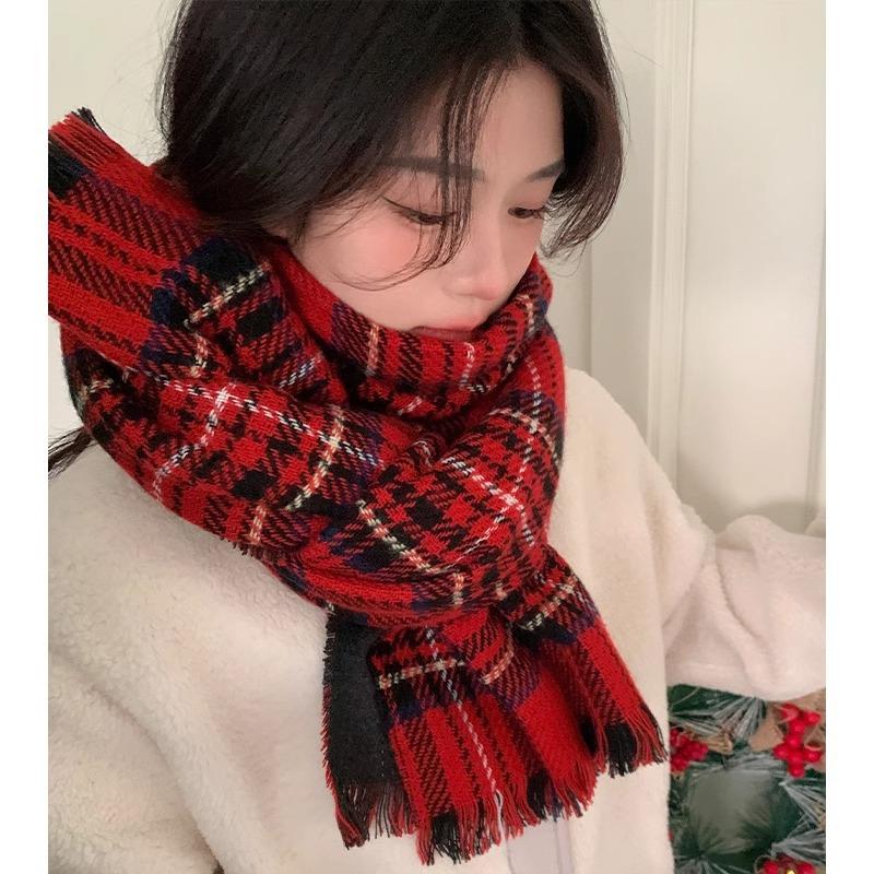 Red Atmosphere Scarf Women Winter New Year Gifts Korean Version of Classic Plaid Student Couple Warm Scarf Tide