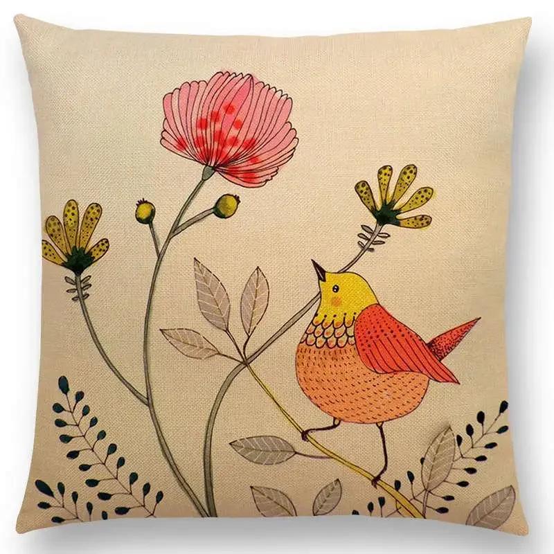 New Arrivals Watercolor Little Birds Pillow Case Floral Home Decor Cushion Cover