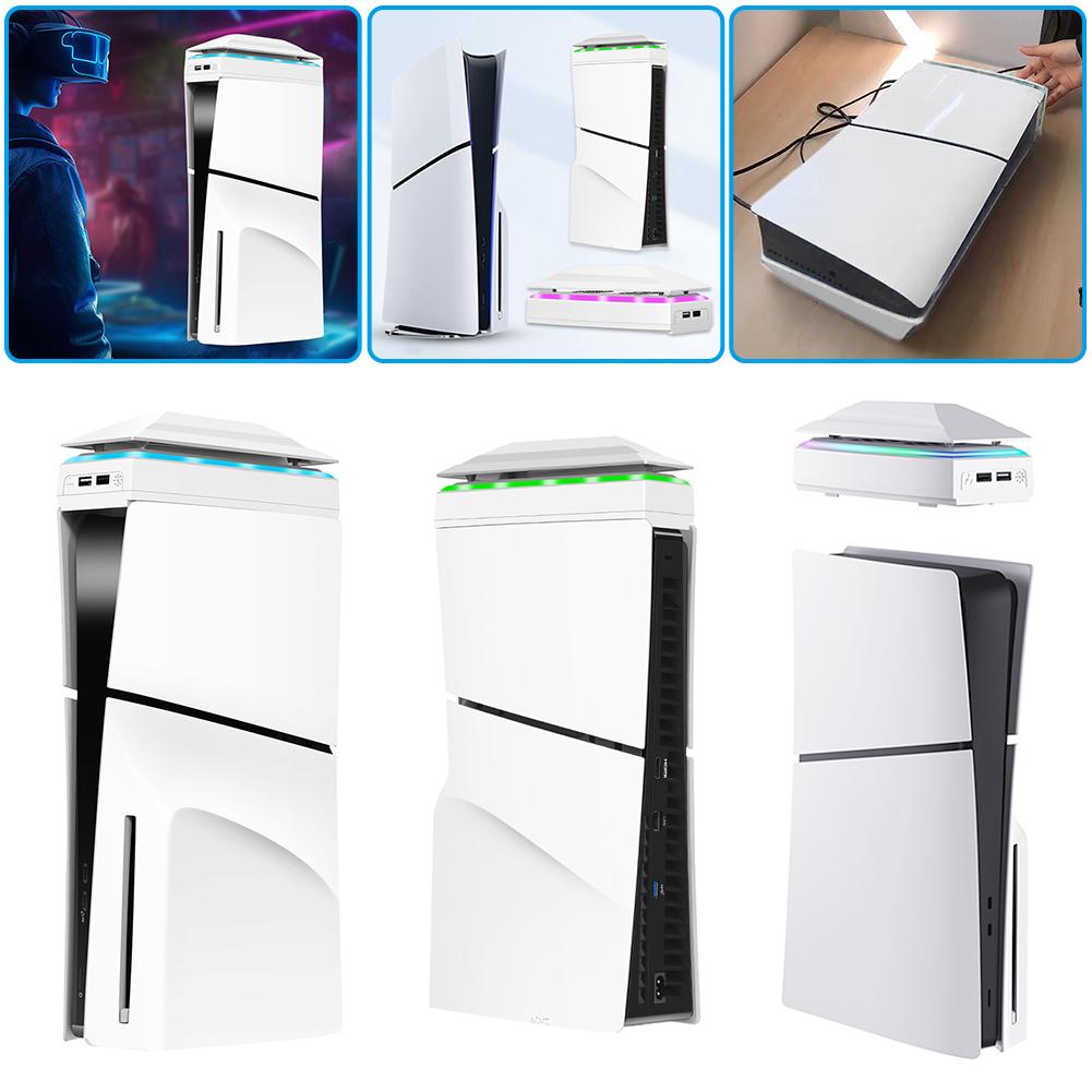 Upper RGB Cooling Fan with Dust Cover Colorful LED Light 2 USB Port Cooler Fan Adjustable Fan for PS5 Slim Console Disc/Digital
