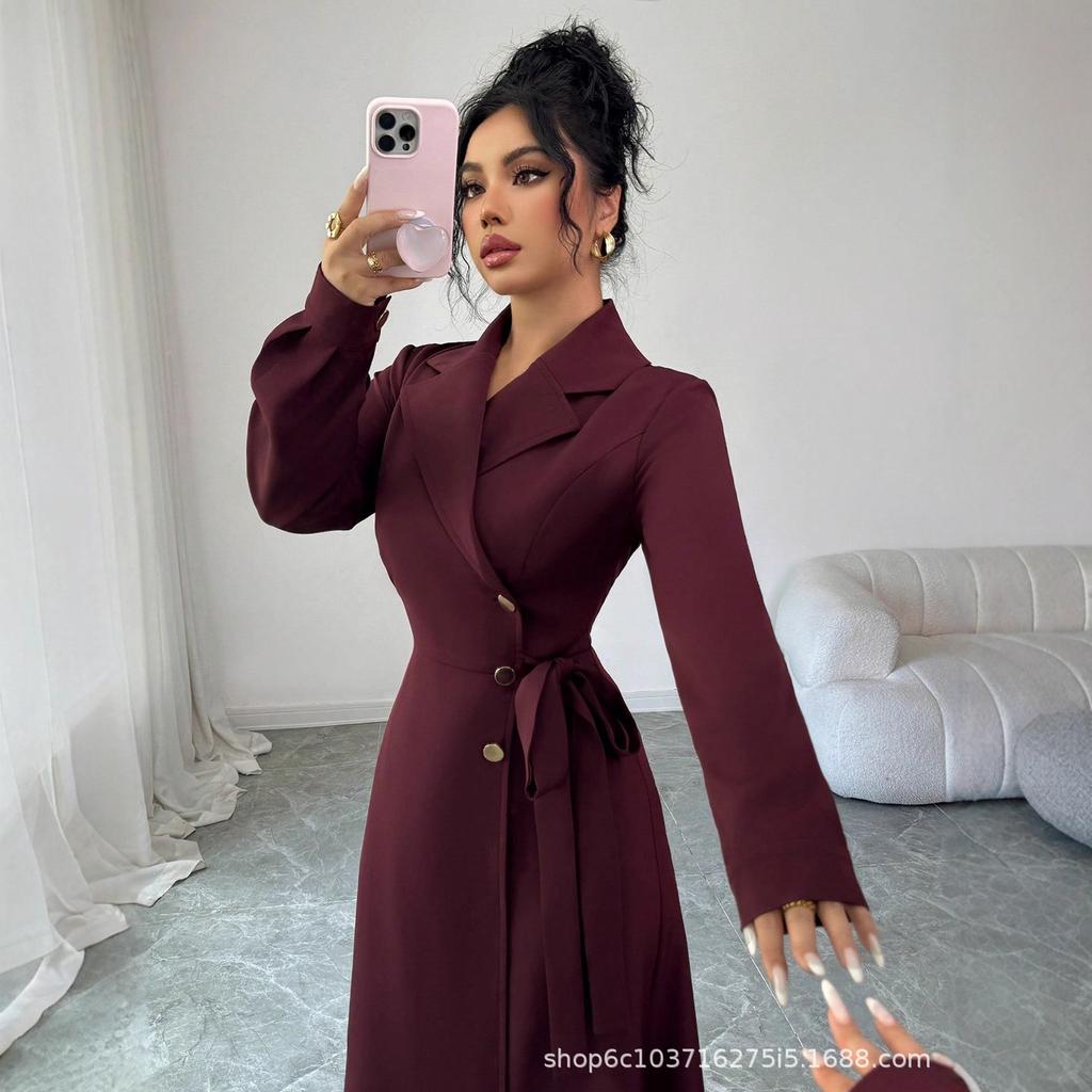 Women Blazer Midi Dress Long Sleeve Lapel Collar Double Breasted Belted Waist Elegant Office Business Dress Solid Color