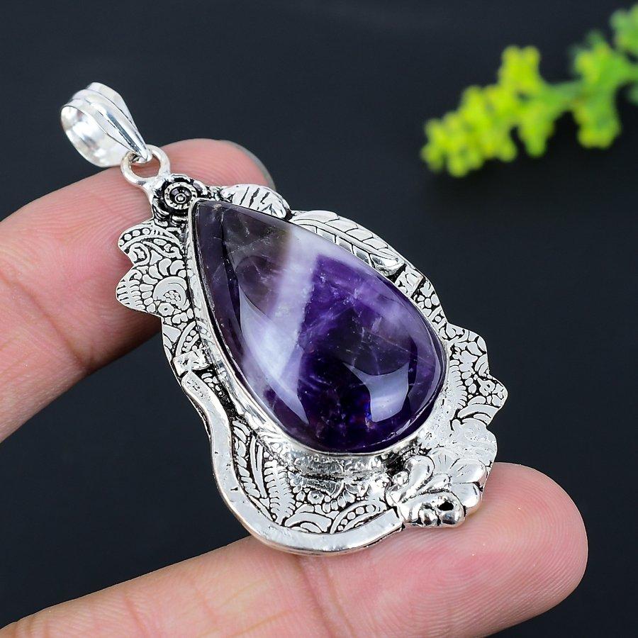 Pendentif en Améthyste Chevron Fait Main en Argent Sterling 925 2.56" j5G23