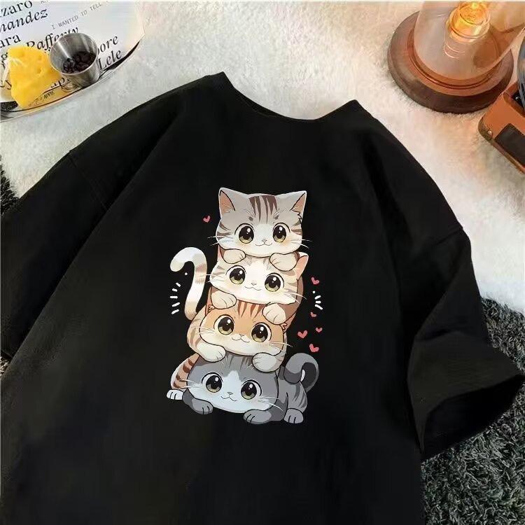 Unisex Summer Japanese Style Cat Print Loose Short Sleeve Tee