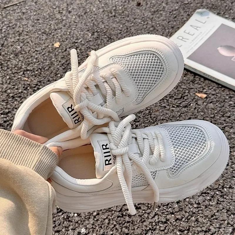 Lace-up White Shoes Women Sneakers  New Breathable Mesh Leather Women's Shoes Chunky Casual Sports Board Shoes Sneaker Adult