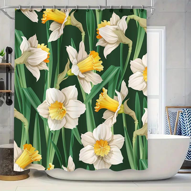 

Bright White Floral Shower Curtain Green Yellow Flower Bath Decor, Home Hotel Waterproof Bathroom Rug Liner Set for Kids and Adu W90xH180cm