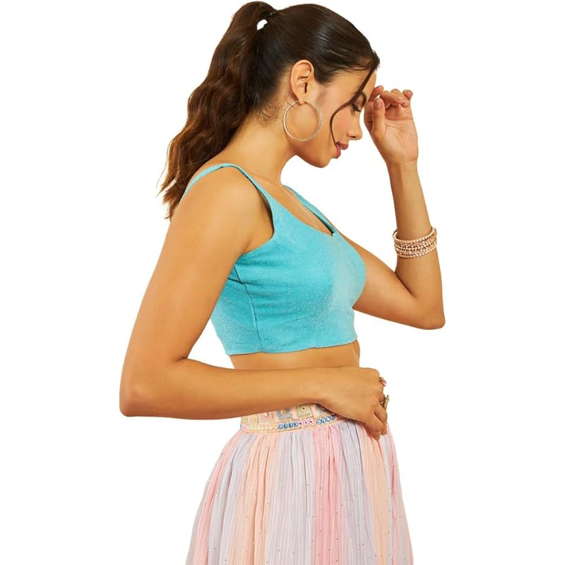 Soch Womens Turquoise Blue Shimmery Scoop-Neck Back-Open Sleeveless Blouse M синий