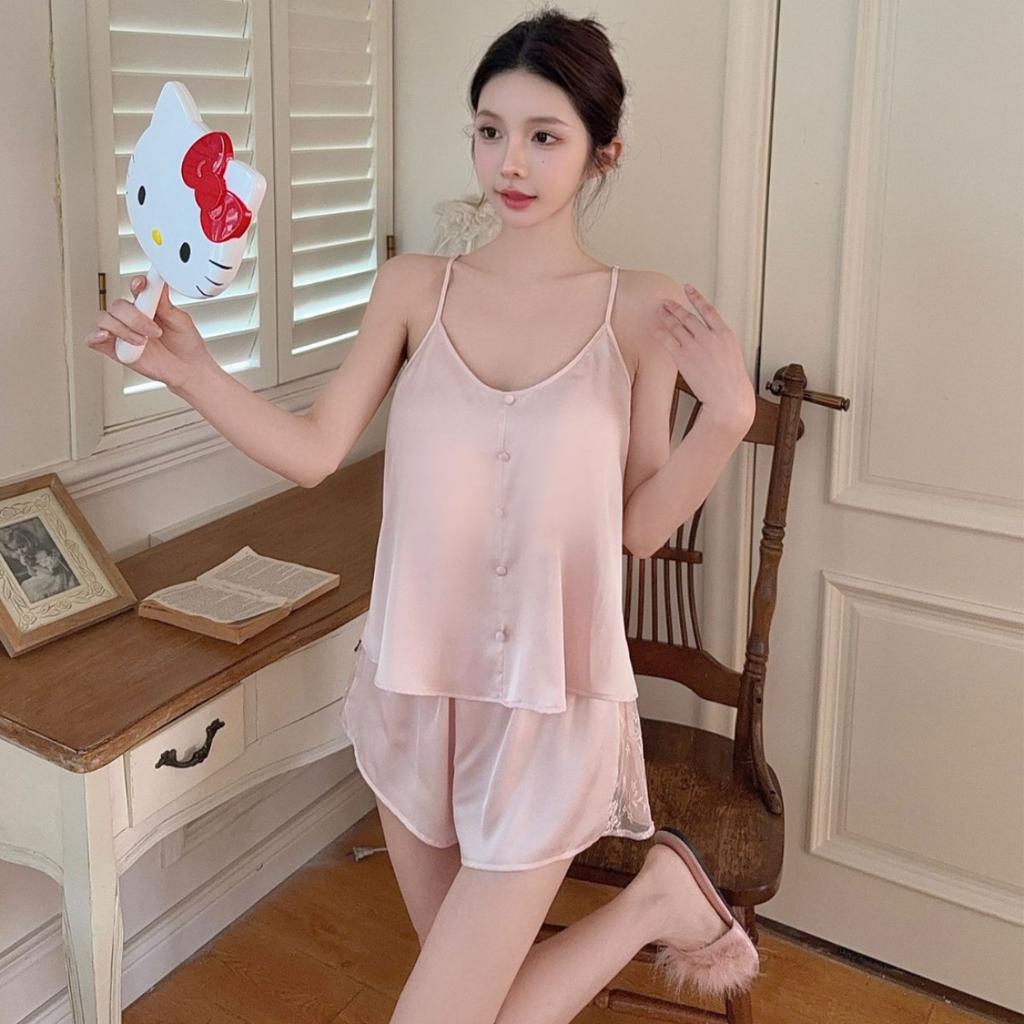 Lace pajamas women's sexy temptation suspender shorts home degree with chest pad ins wind simple pajamas ice silk