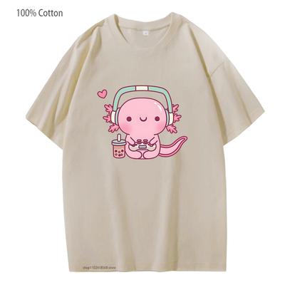 Mielas Axolotlis Žaidžiantis Vaizdo Žaidimus Marškinėliai Animacinis Žaidėjas Juokingas Spaudinys T-shirt Moteriški Drabužiai Vyriški Drabužiai Y2k Medvilniniai Marškinėliai