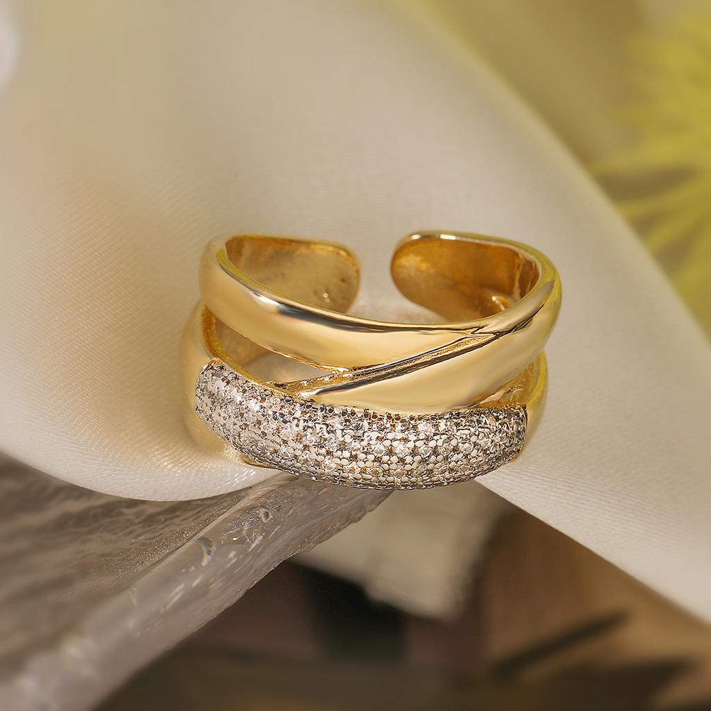 Two-Tone Geometric Open Cubic Zirconia Ring for Women, Adjustable Ins Fashion Jewelry, Minimalist Luxury Gift