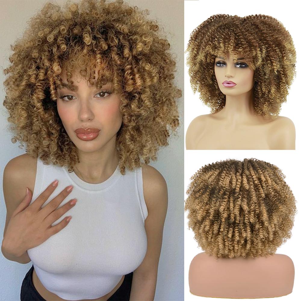 

XINRAN Synthetic Short Curly Bob Hair Large Fluffy Bangs Extension Soft Natural For Women Daily Party Wear 30cm