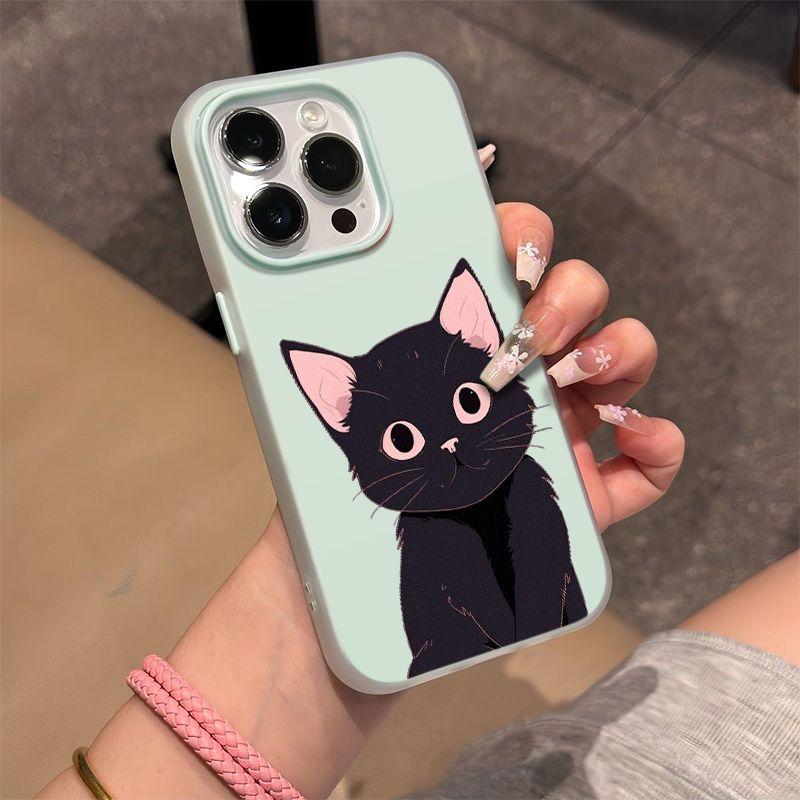 Black kitten applies to Apple 16/17promax mobile phone case iPhone15 skin matte 14 jelly Air case