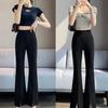 Pantalones de campana negros de cintura alta adelgazantes - Pantalones casuales elásticos para mujer petite con puños para primavera y otoño