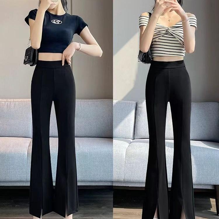 Pantalones de campana negros de cintura alta adelgazantes - Pantalones casuales elásticos para mujer petite con puños para primavera y otoño