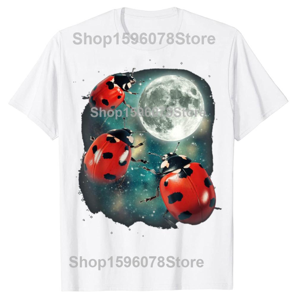 Funny Retro Three Ladybug Moon Cotton Tops Fitness TShirt Oversized Unisex Gardener Outdoors Cute Bug Graphic Tees Streetwear