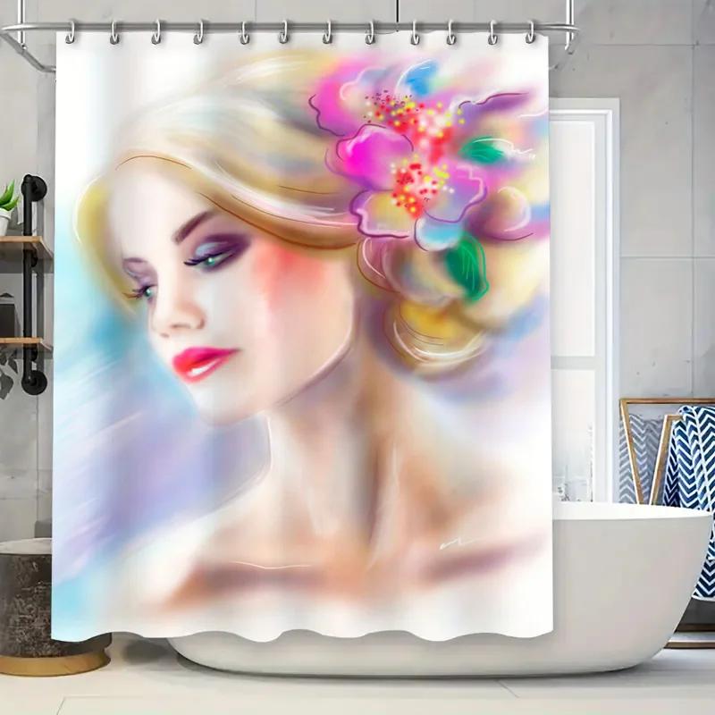 

Abstract Pattern Shower Curtain Pink Blue White Decorative Fabric For Bathroom W60H190(CM)-1 Pcs