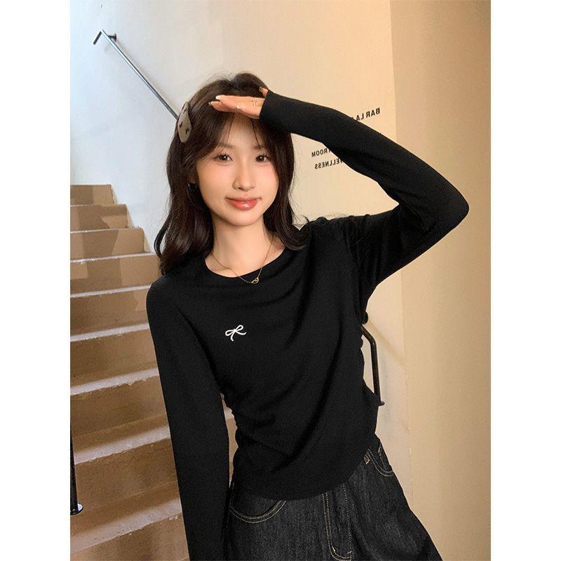 

Весенне-осенняя хлопковая футболка с круглым вырезом, с меховой вязкой на переднем плече, базовая внутренняя футболка, женский облегающий короткий топ с вышивкой в виде банта S