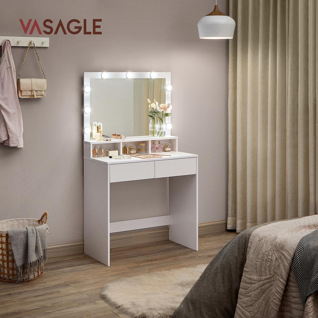 VASAGLE Dressing Table Vanity Table with 9 LED Bulbs and Mirror Adjustable Brightness 2 Drawers and 3 Open Compartments Drawers Modern White