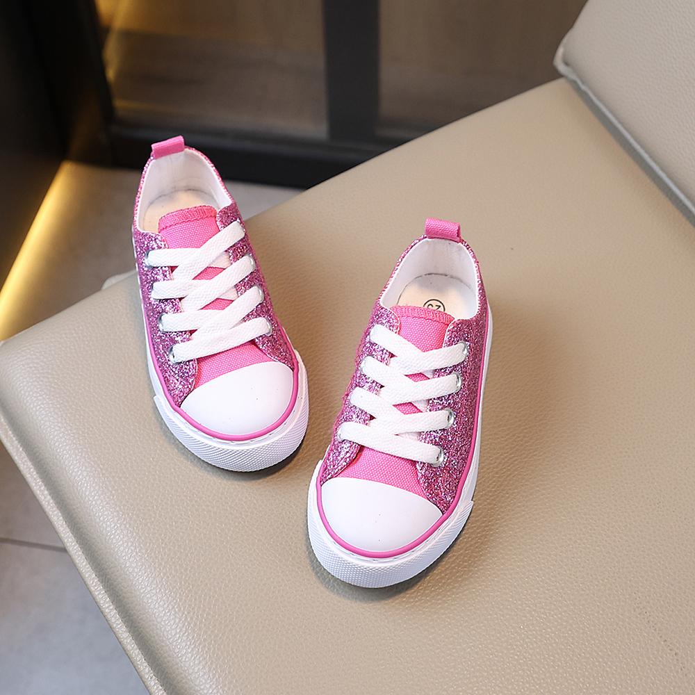 

COMFY KIDS Girls Pink Glitter Princess Style Low Top Canvas Shoes Breathable Fabric Lace-Up Pull Tab All-Season Wear Party Casual Shoes 23
