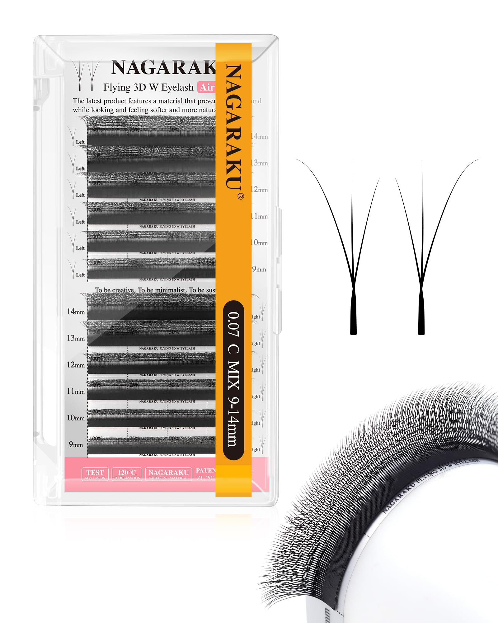 

NAGARAKU Eyelash Extensions, W-shaped, Flying 3D W Lash, 0.07mm, C-curl, 9-14mm length mix, Black, 12 rows, Natural, Lightweight, Ultra-fine.