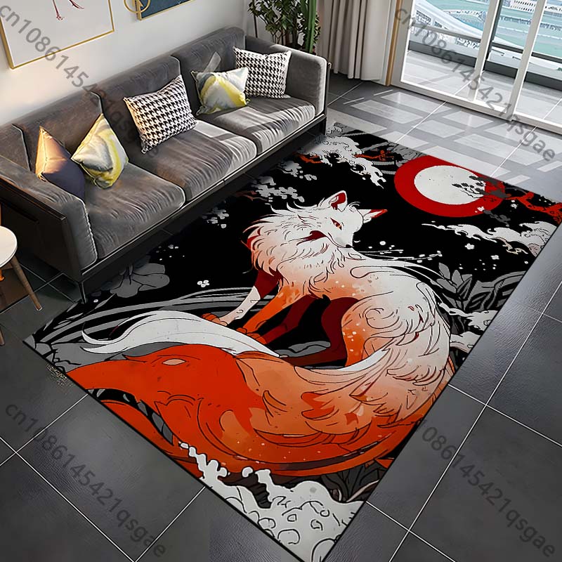 White fox red moon night forest mystical Print Carpet for Living Room Bedroom Sofa Home Decor Non-slip Mat Luxury Gift