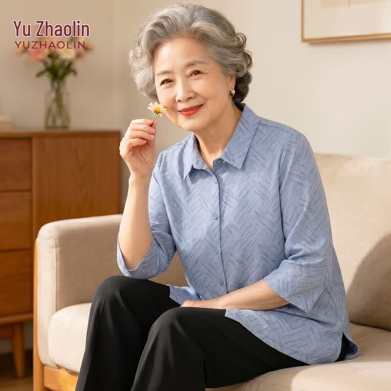 YUZHAOLIN Women s Plus Size Mom s 3/4 Sleeve Printed Cotton Shirt 2XL