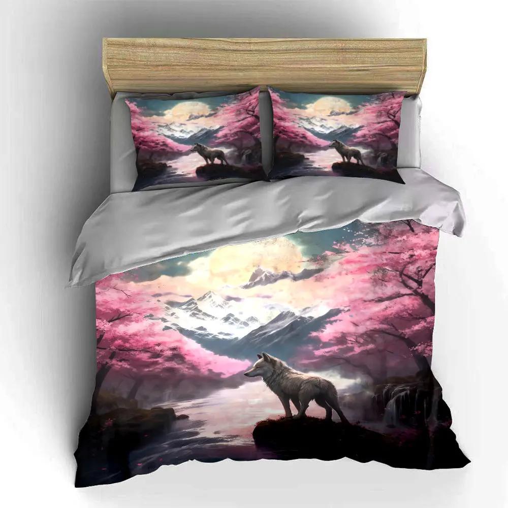 Wolf Sakura Mountain Art Decor Soft Comfortable Duvet Cover Bedding Set Included 1*Duvet Cover & 2*Pillowcases Gift
