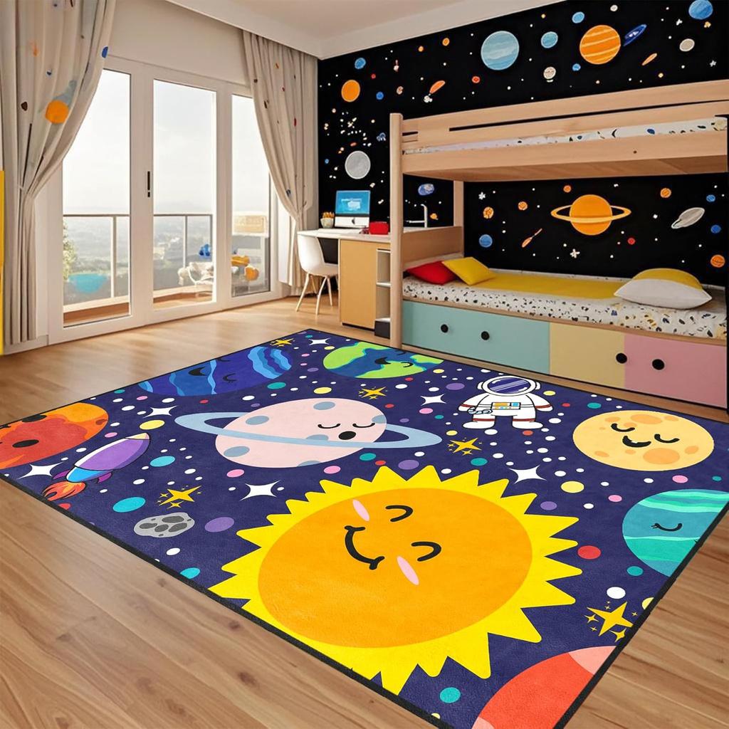 Solar System Kids Rug - Galaxy Themed Playroom Carpet, Non-Slip Planet Print Floor Mat for Boys/Girls Bedroom, Classroom  Dec