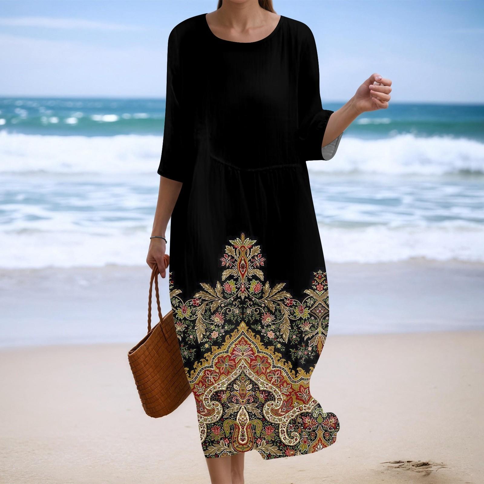 

Женское модное платье свободного кроя с принтом, круглым вырезом и рукавом три четверти XL жёлтый