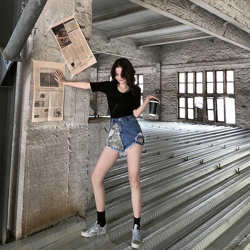 Brand de modă pentru femei, vintage, cu nituri, blugi cu talie înaltă, punk, pantaloni scurți din denim