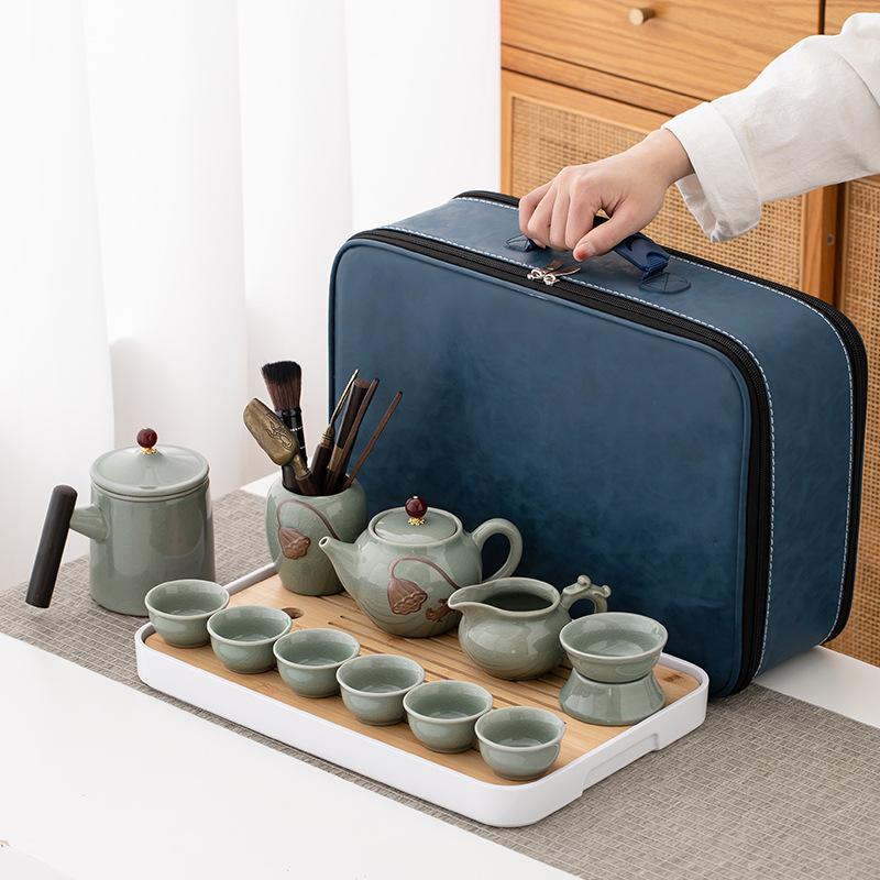 Travel tea set portable outdoor kung fu ceramic brother kiln teapot car camping travel business gifts