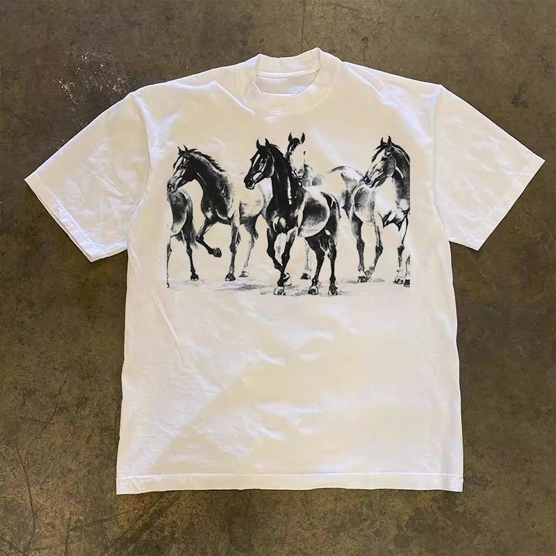 2026 Summer Hot Selling Men's Horse Print Loose Round Neck Short Sleeved Casual Luxury 100% Pure Cotton Outdoor T-shirt