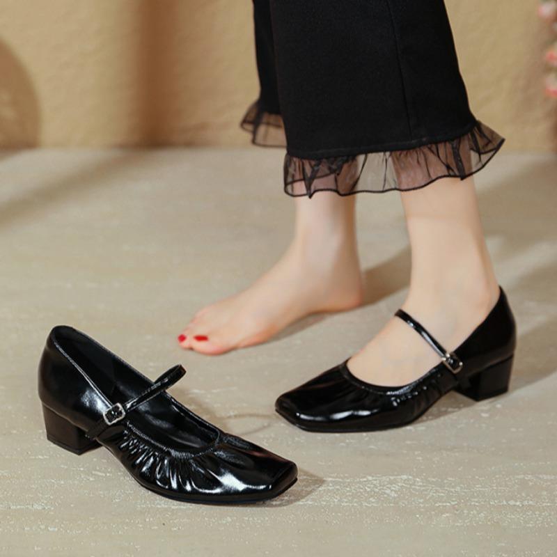 Korean Grandma Shoes Niche Wrinkled Square Toe Women's Shoes Thick Heel Mary Jane Shoes Casual Shallow Mouth Single Shoes