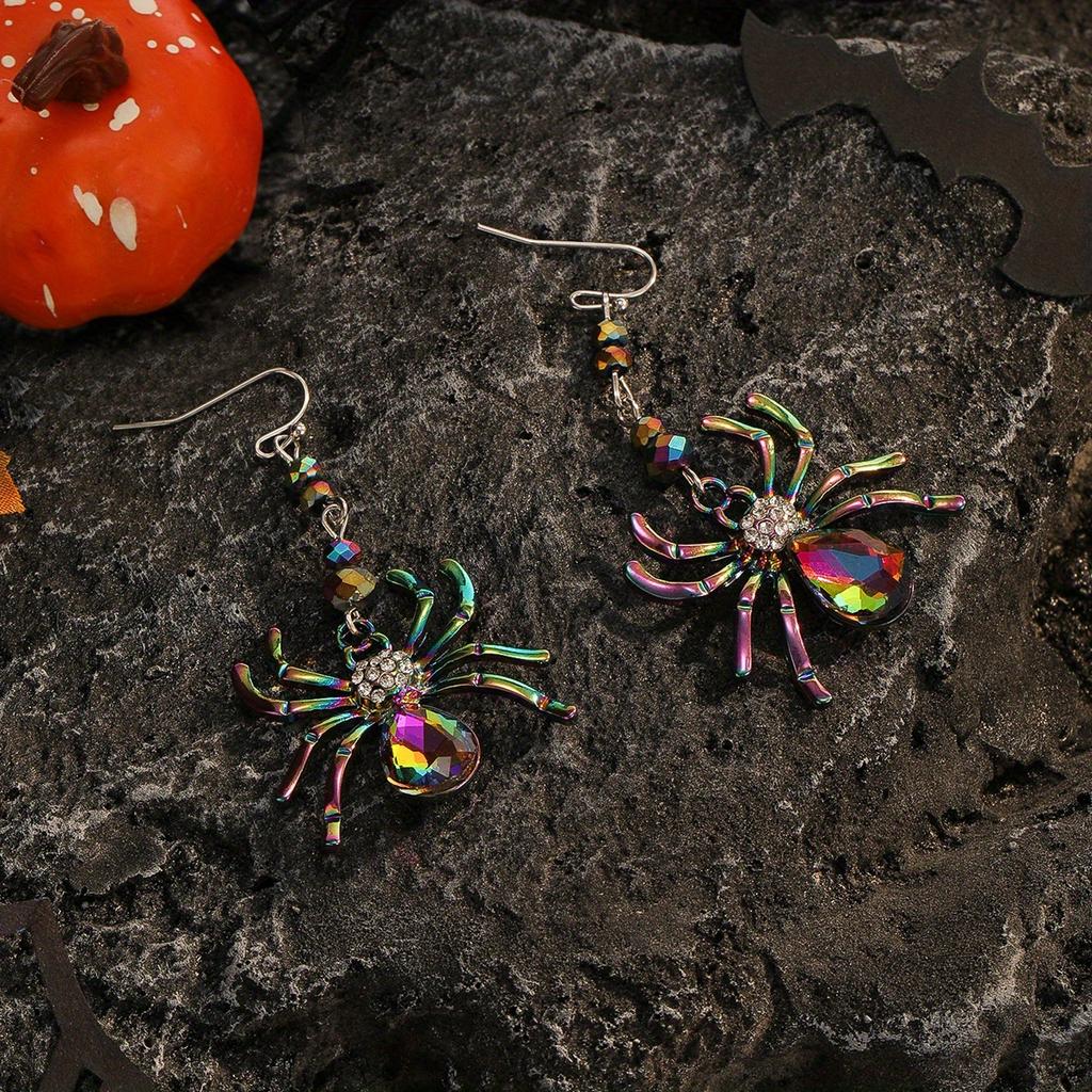 Halloween Colorful Rhinestone Spider Design Dangle Earrings Cute Vacation Style Zinc Alloy Zircon Female Gift