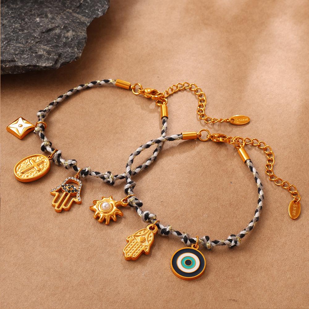European-American Geometric Woven Rope Jewelry Set: Natural Stone Bracelet & Necklace