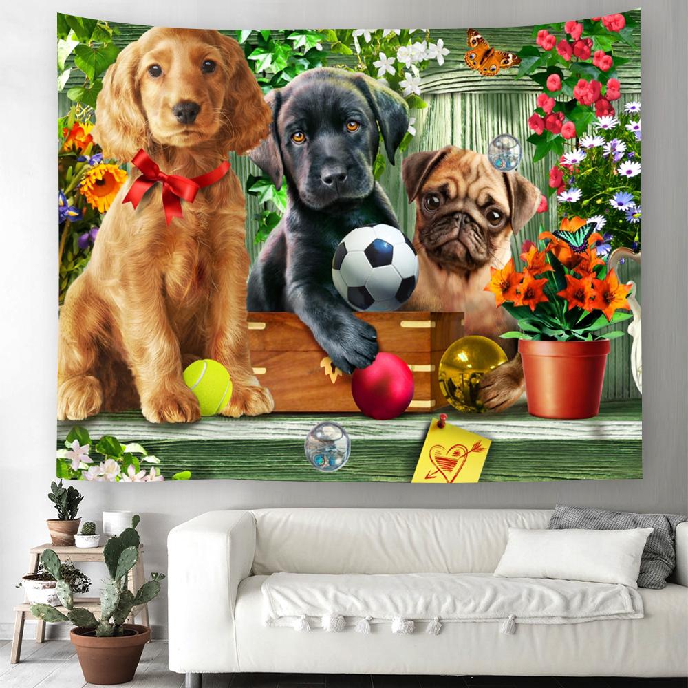 Cartoon Dog Tapestry Kawaii Puppy Wall Hanging Cloth Cute Pet Animal Home Bedroom Living Room Decorative Wall Rug Tapestry