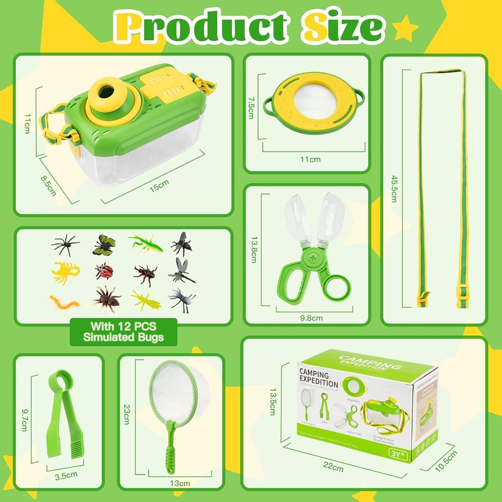 Children's Researcher/Explorer Set (4+): Insect Box, Magnifying Glass, Catcher, 12 Fake Insects, Butterfly Net. Green, Gift for Boys & Girls