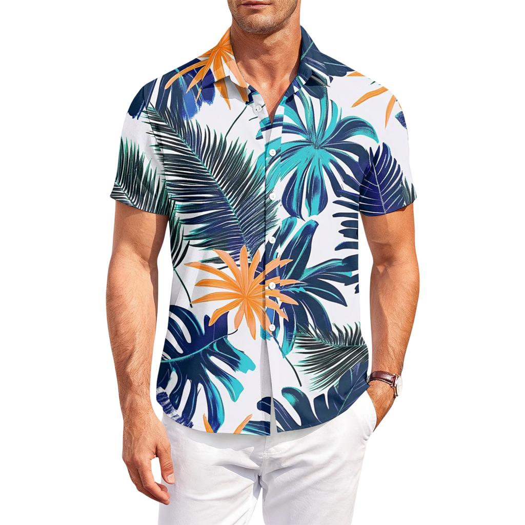 Mens Casual Shirts Summer Shirts for Men UK Mens Beach Shirt Mens T Shirt Button Down Leaf Print Shirt Short Sleeve