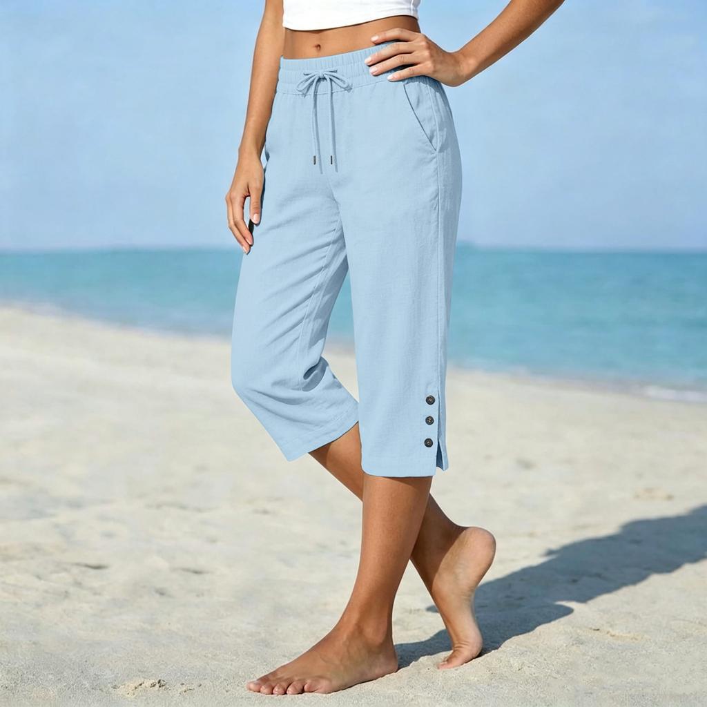 Women's Casual Cotton Linen Pants Straight Leg Loose Fit with Pockets Side Slit Button Front