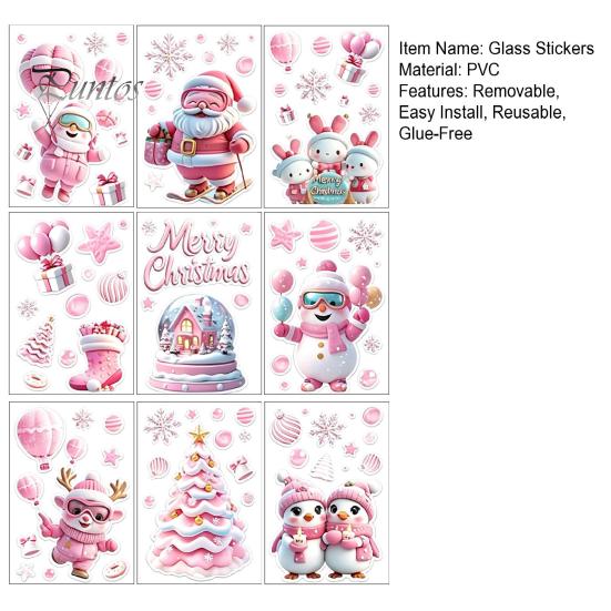 Christmas Window Clings 9Pcs Pink Static Clings, Santa Snowman Bunny Penguin Glass Bedroom Art Decals, Reusable Xmas Stickers, Holiday Decor for Home